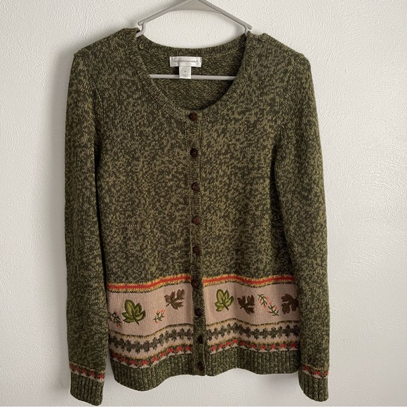 Vintage Christopher & Banks Fall Leaf Cardigan, Medium green tan - Picture 1 of 9